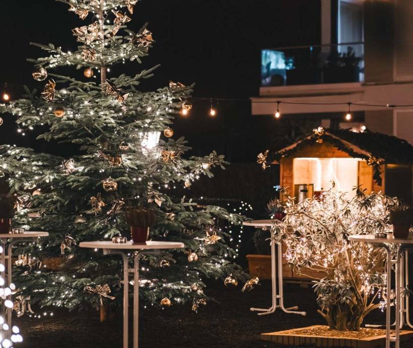 Großer festlich geschmückter Weihnachtsbaum mit Lichterketten im stimmungsvoll beleuchteten Außenbereich eines Hotels während der Weihnachtszeit auf Rügen.